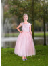 Pink Lace Tulle V Back Ankle Length Flower Girl Dress